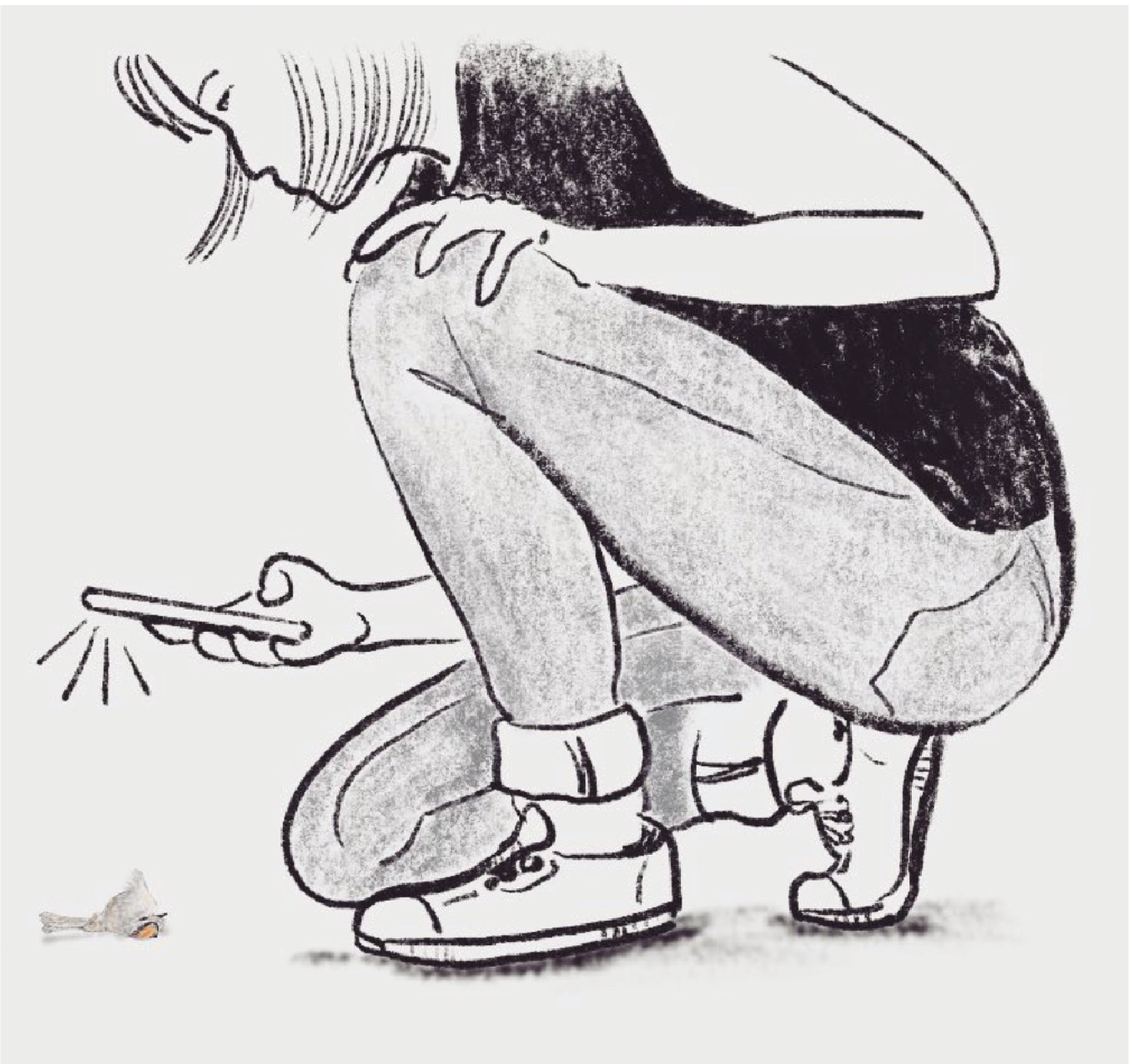 Illustration of a person crouching to help a bird